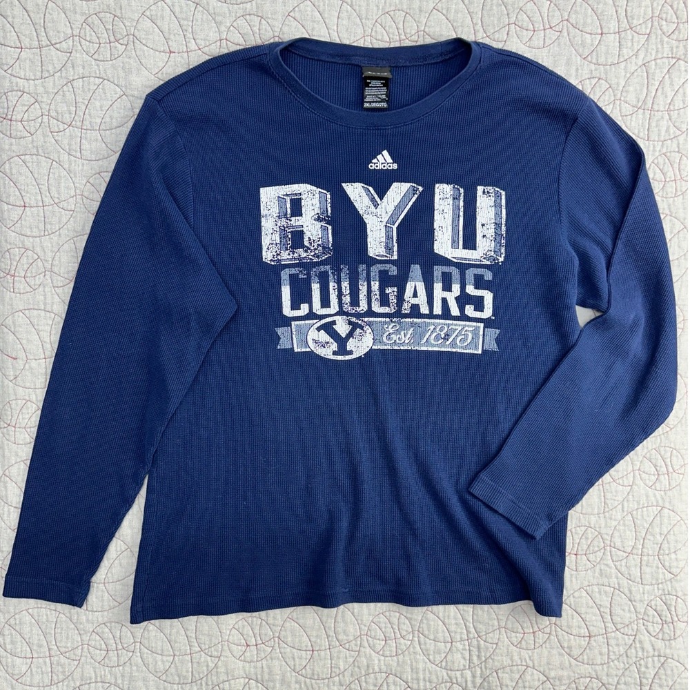 VTG Y2K Adidas Ribbed Thermal Shirt Navy Blue BYU Cougars Graphic / Men's 2XL